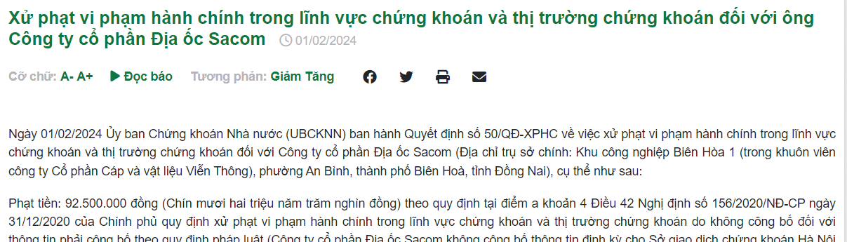 Ém thông tin Địa ốc Sacom Samland bị phạt 925 triệu đồng