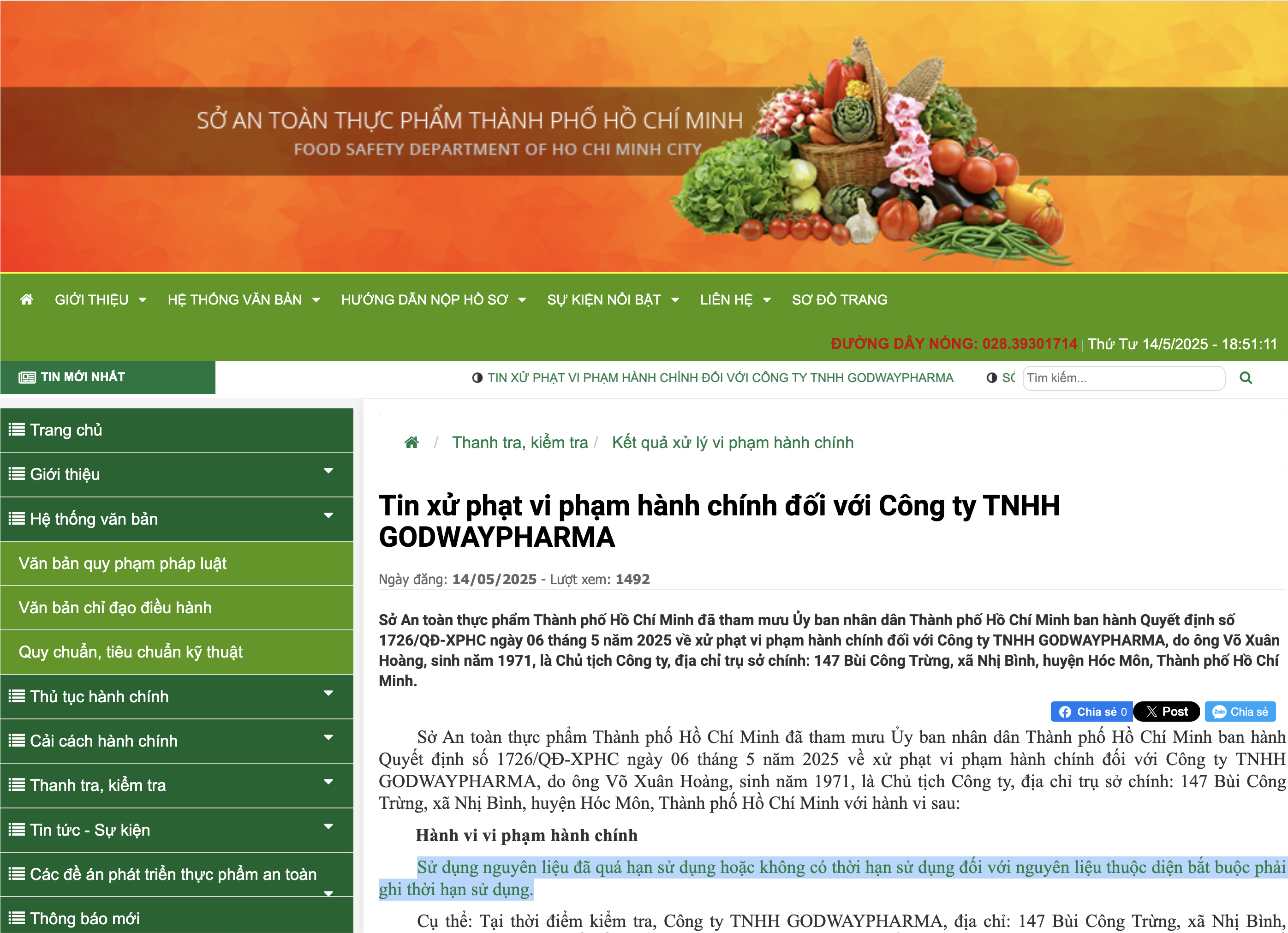 GodwayPharma bị xử phạt gần 3 tỷ đồng vì dùng nguyên liệu hết hạn trong sản xuất thực phẩm 