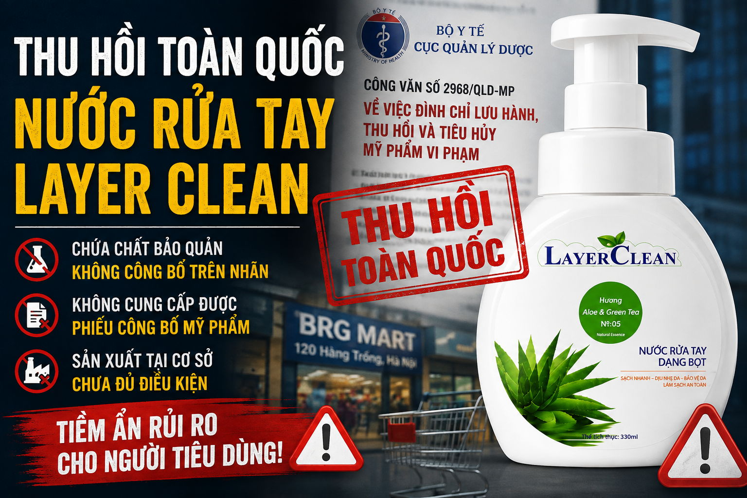 Thu hồi nước rửa tay Layer Clean: Hàng loạt vi phạm tiềm ẩn rủi ro cho người tiêu dùng